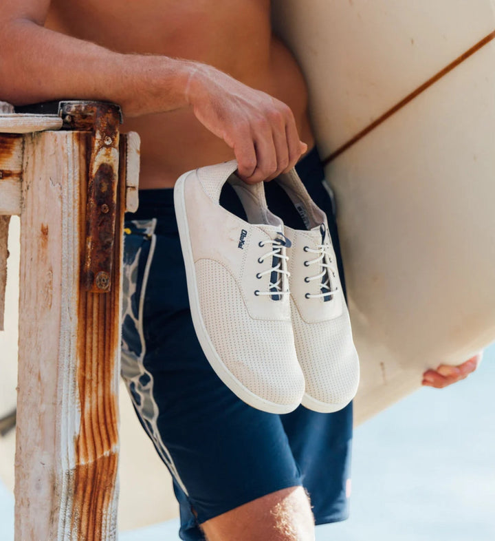 House of Florian Nohea Moku Mens Tapa off-white perforated leather sneakers with blue laces