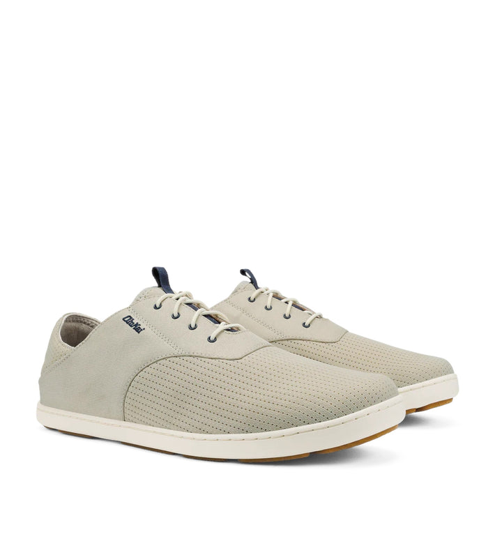 House of Florian Nohea Moku Mens Tapa casual sneakers in tan canvas with perforated details and white soles.