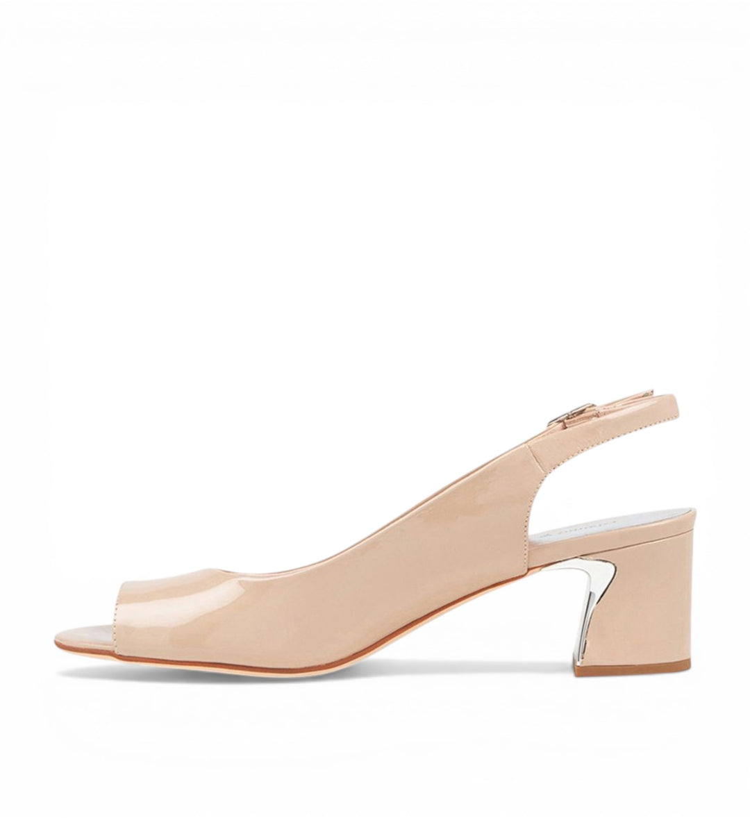 House of Florian Jianas nude patent leather slingback heels with peep toe and block heel.