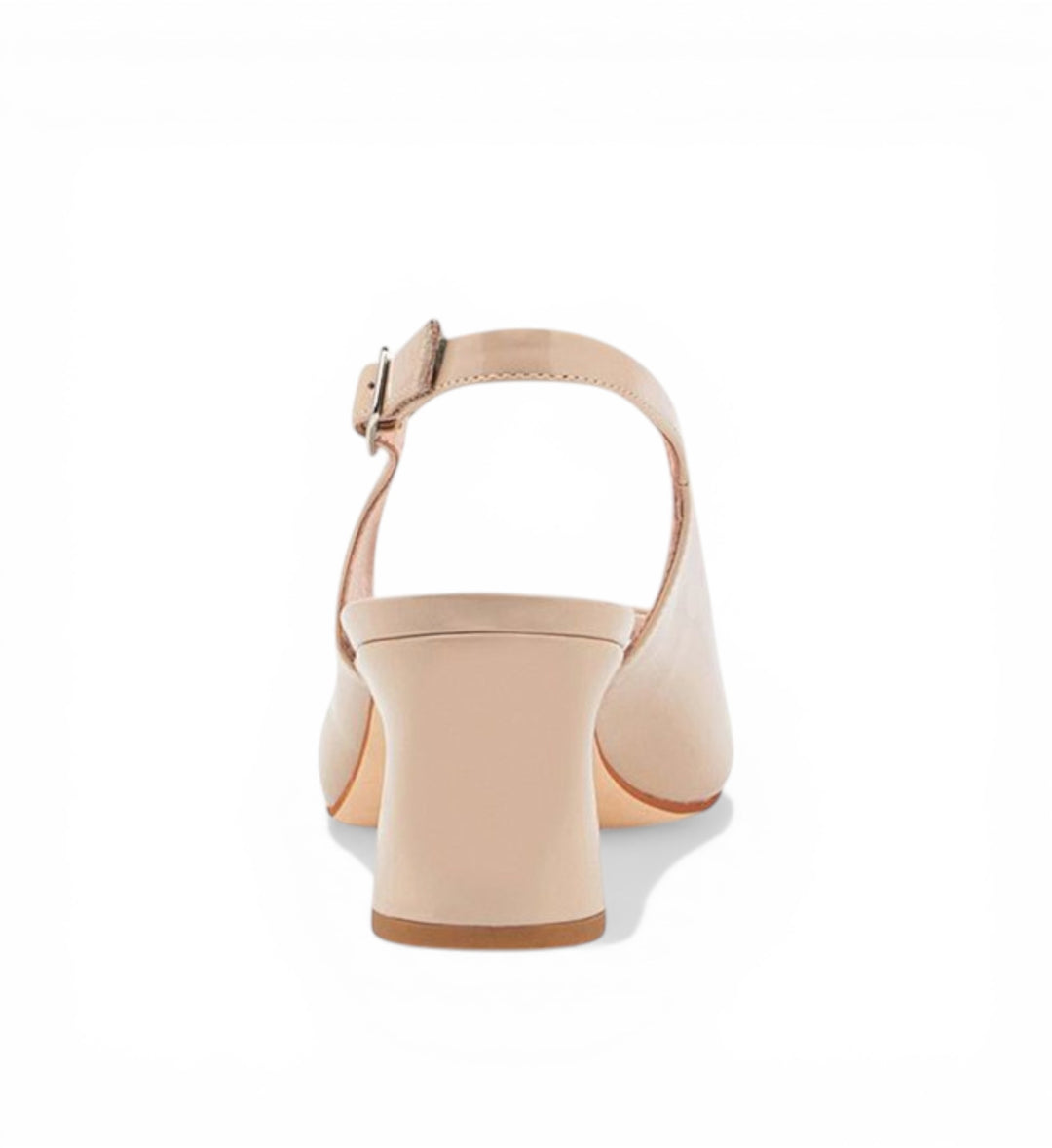 House of Florian Jianas nude patent leather slingback heels with adjustable strap and block heel.
