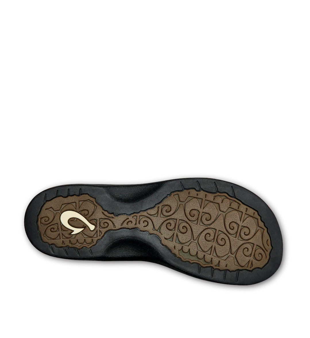 House of Florian Ohana Black sandal sole with intricate tribal pattern and iconic fish hook logo.