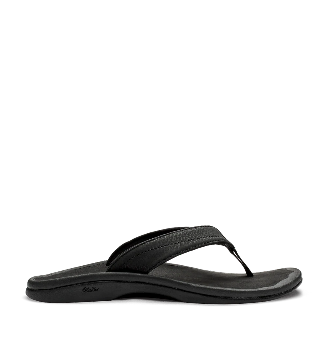 House of Florian Olukai Ohana black leather flip-flops with textured straps and contoured footbed.