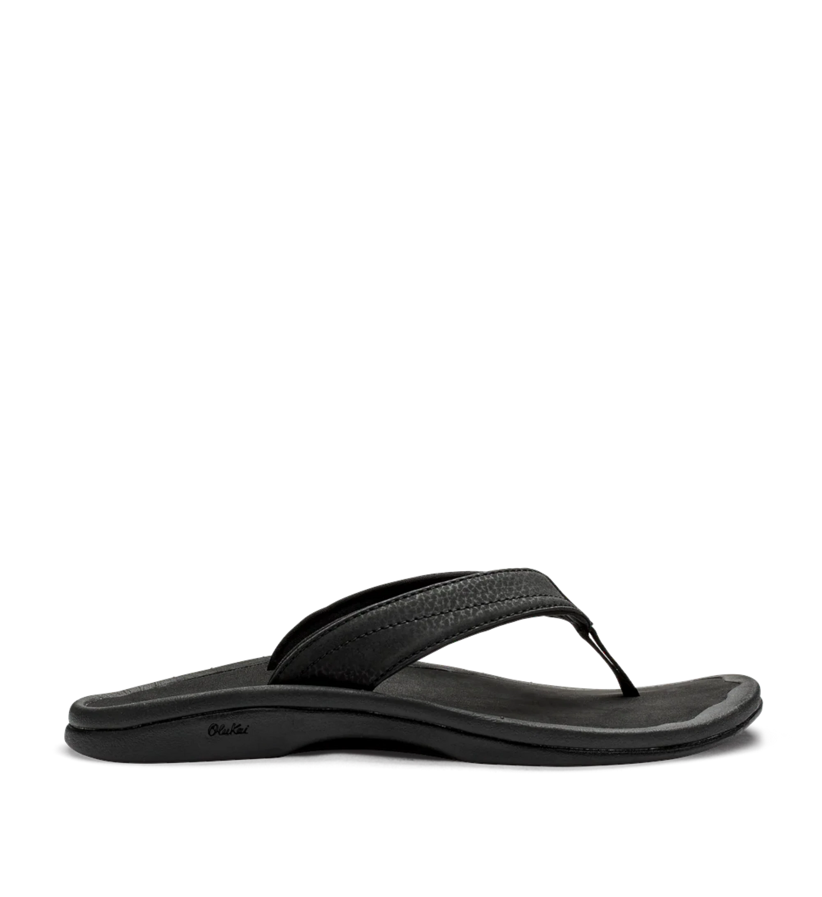 House of Florian Olukai Ohana black leather flip-flops with textured straps and contoured footbed.