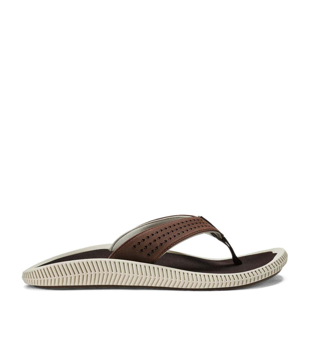 House of Florian Olukai Ulele Dark Wood flip-flops with brown perforated leather straps and a white textured sole.