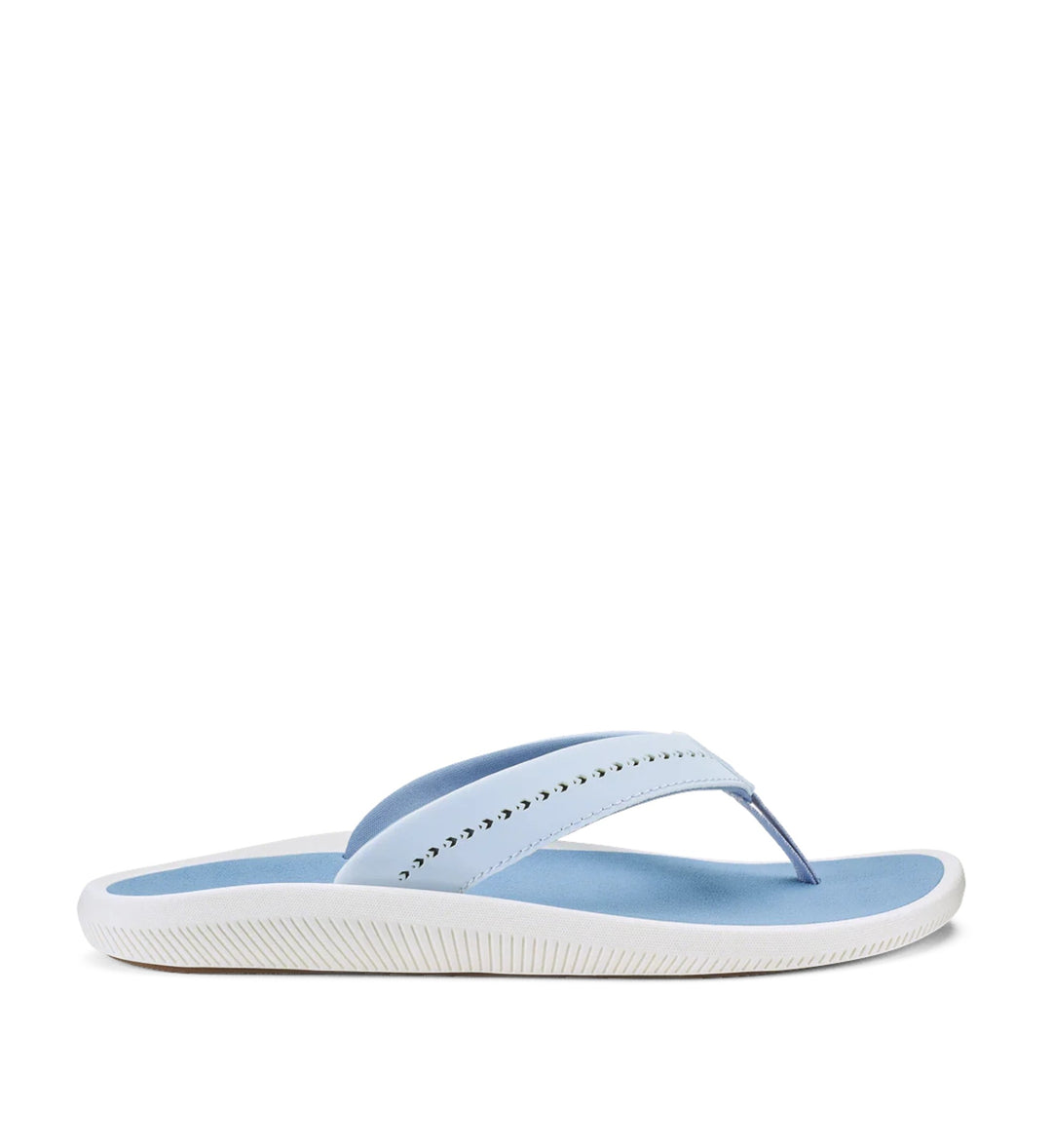 House of Florian OLUKAI Ulele Lanai Breeze/Ocean Fog light blue leather flip-flops with decorative stitching.