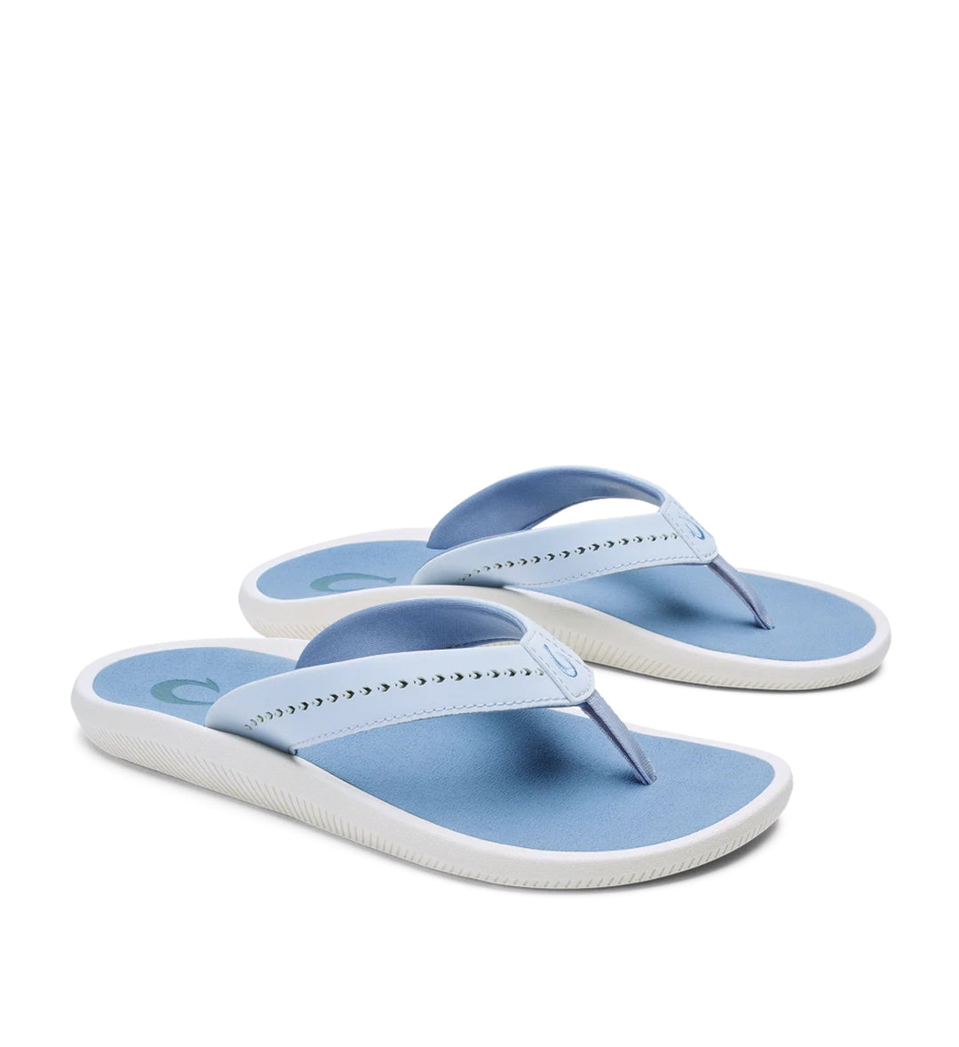 House of Florian Olukai Ulele Lanai Breeze/Ocean Fog light blue flip-flops with white soles and decorative stitching.