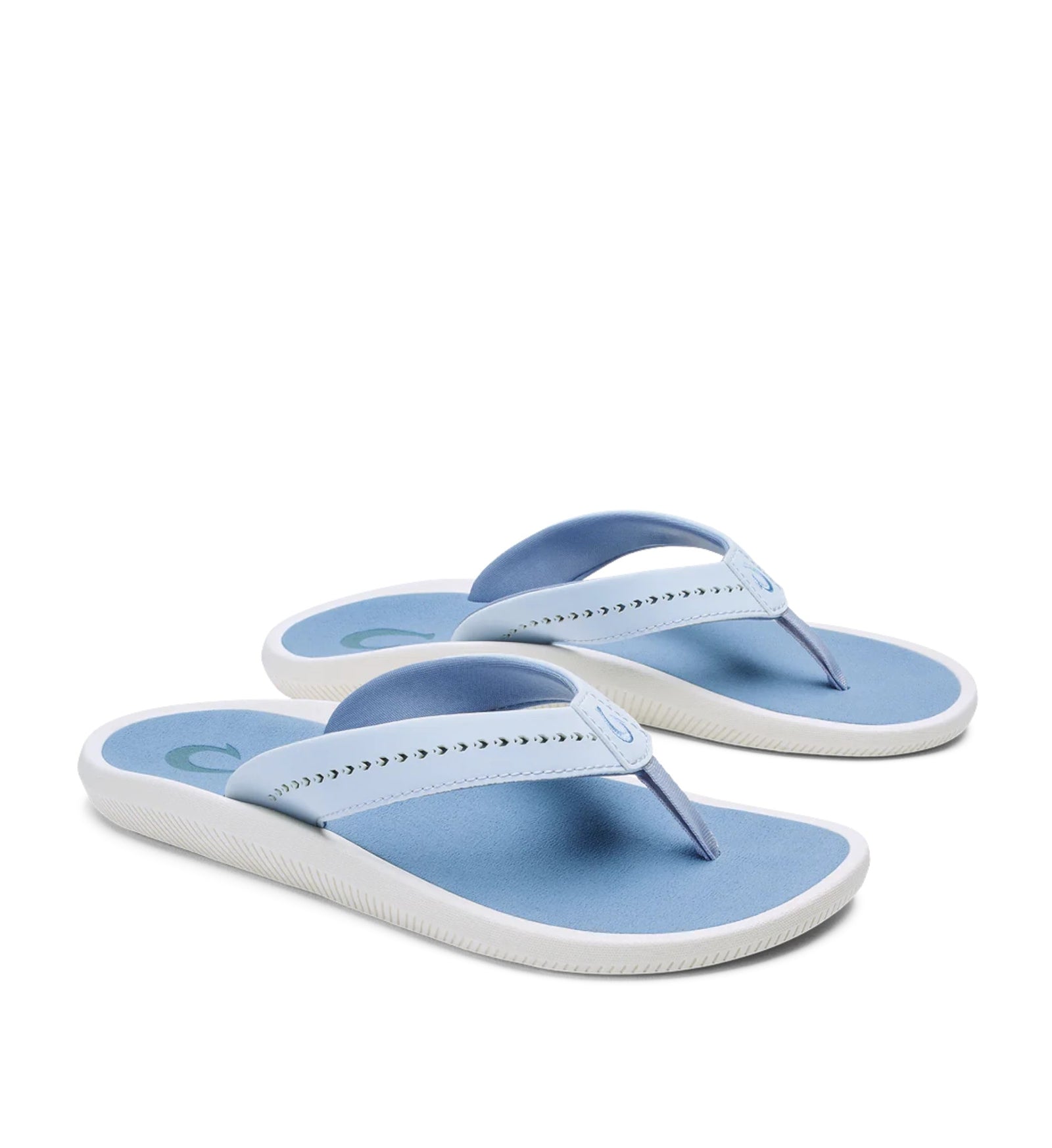 House of Florian Olukai Ulele Lanai Breeze/Ocean Fog light blue flip-flops with white soles and decorative stitching.