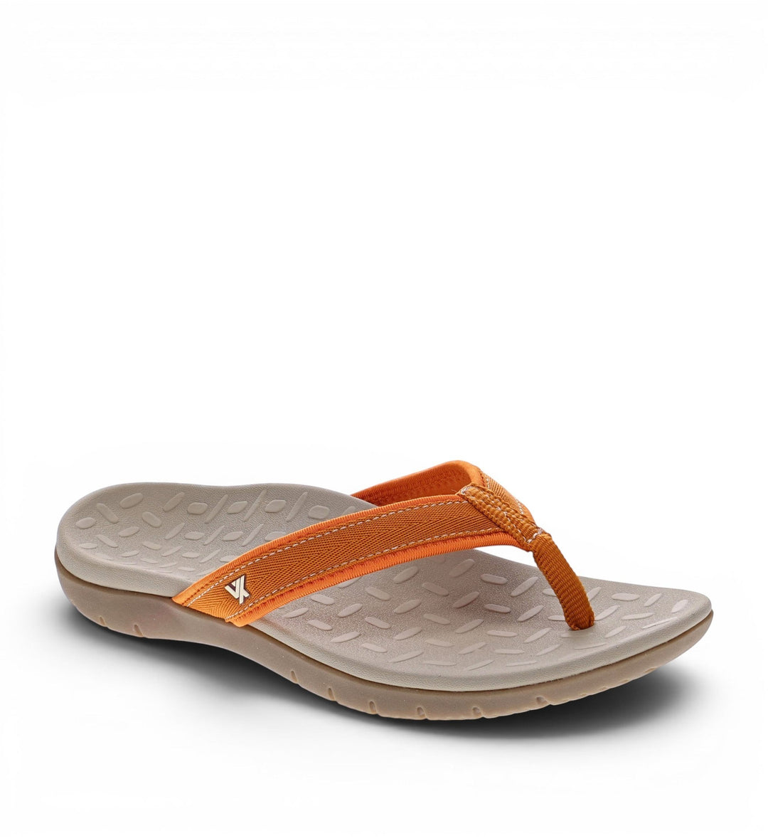 House of Florian orange fabric thong flip-flops with a contoured tan footbed and textured sole.