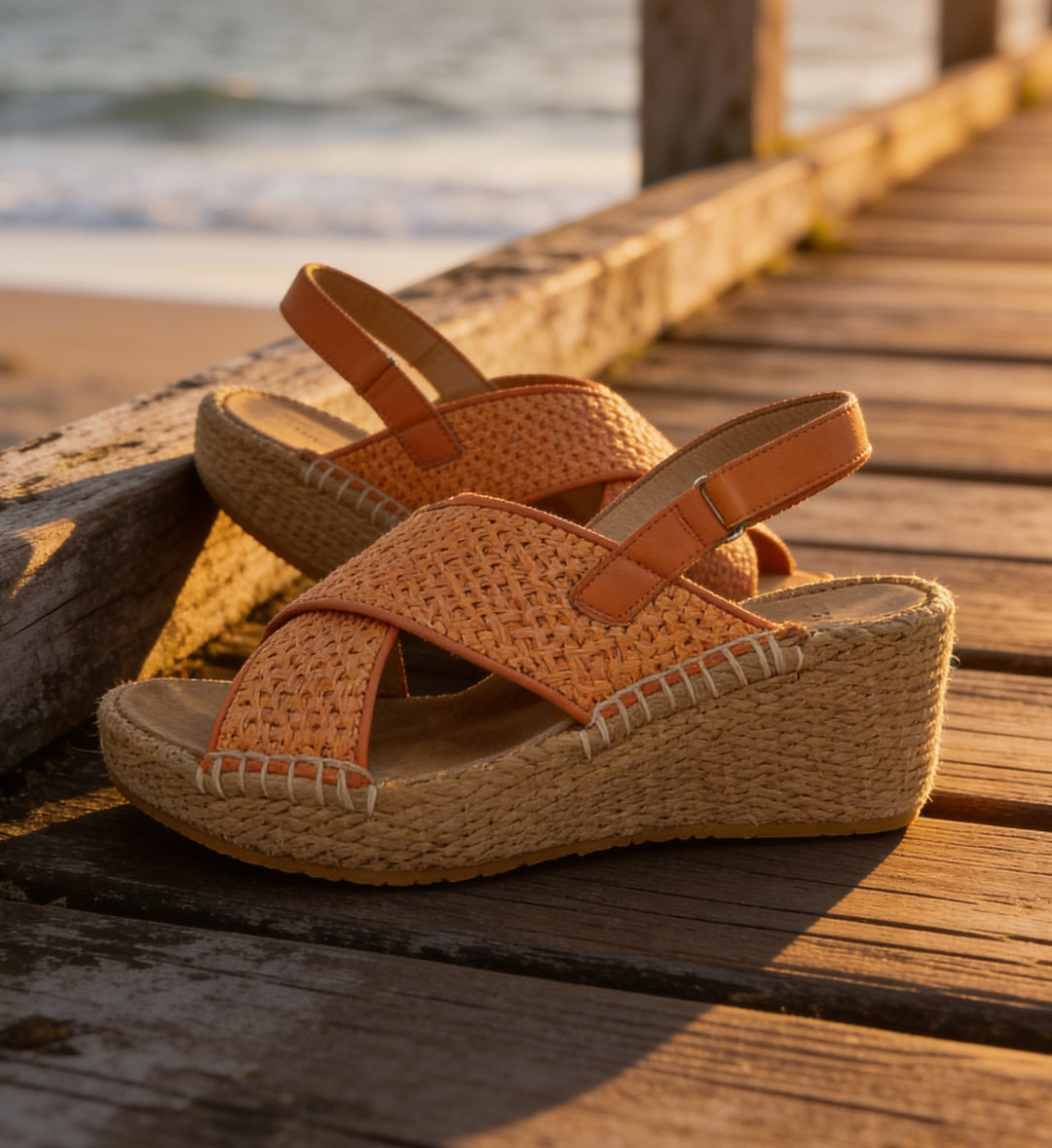 House of Florian orange woven wedge espadrille sandals with criss-cross straps and ankle strap.