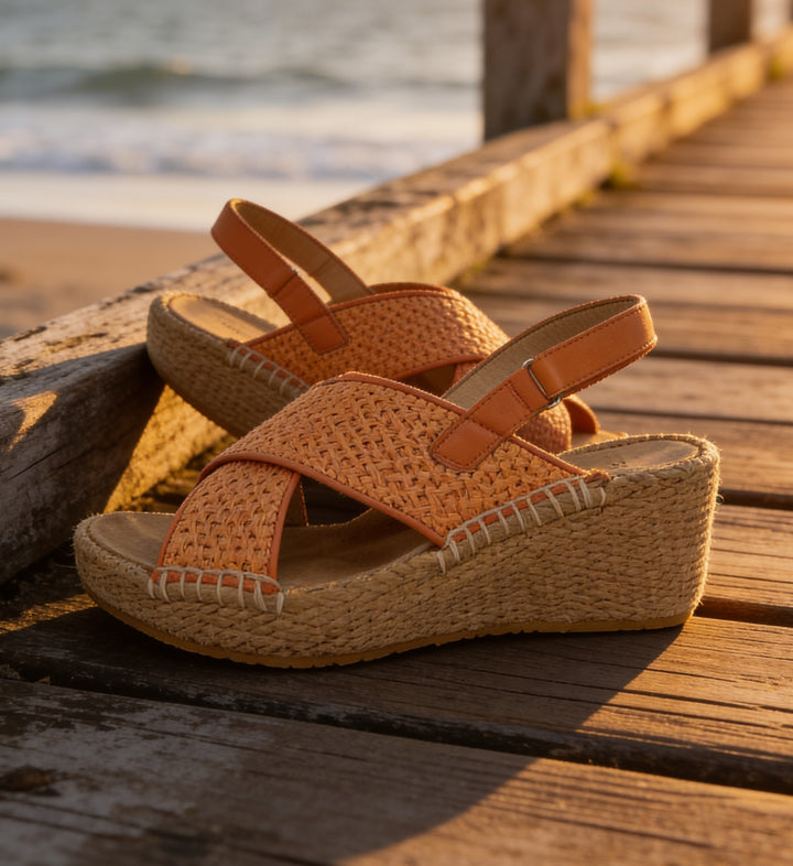 House of Florian orange woven wedge espadrille sandals with criss-cross straps and ankle strap.