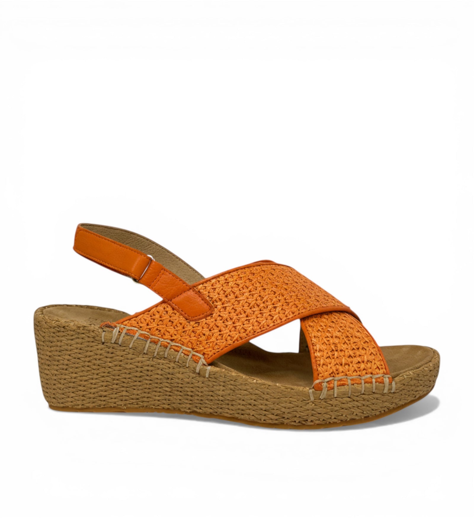 House of Florian orange woven wedge sandals with leather straps and slingback.