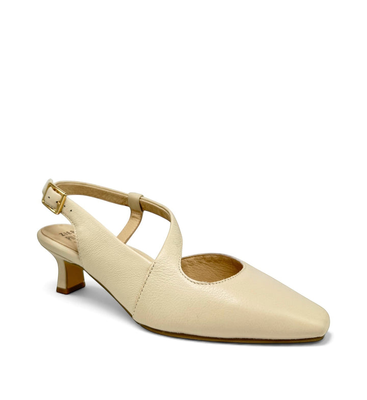 House of Florian Orello XW Milk cream leather slingback kitten heel with gold buckle and square toe