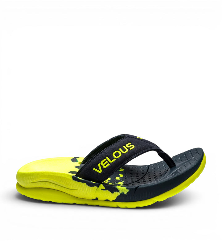 House of Florian Velous Pacific Flip recovery sandal in neon yellow and navy with cushioned footbed and supportive arch.