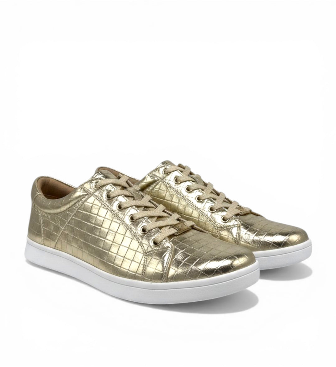 House of Florian Delilah XF pale gold quilted leather sneakers with white soles and laces.