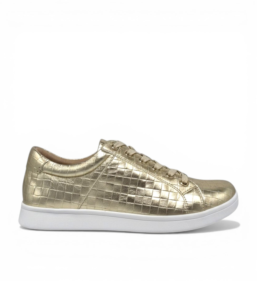 House of Florian Delilah XF pale gold leather sneakers with a quilted pattern and white soles.