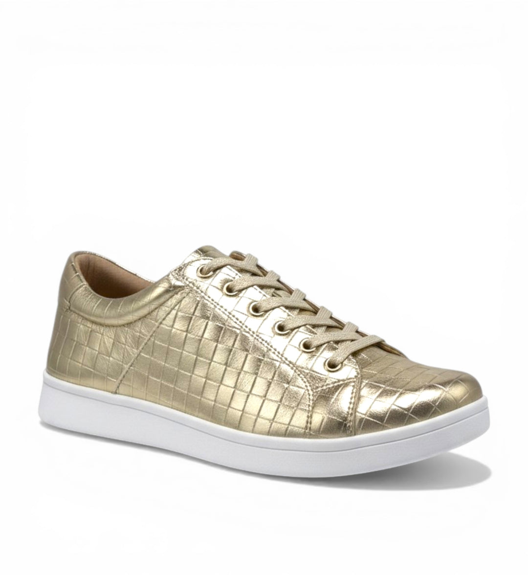 House of Florian Delilah XF pale gold leather sneakers with a quilted texture and white sole.