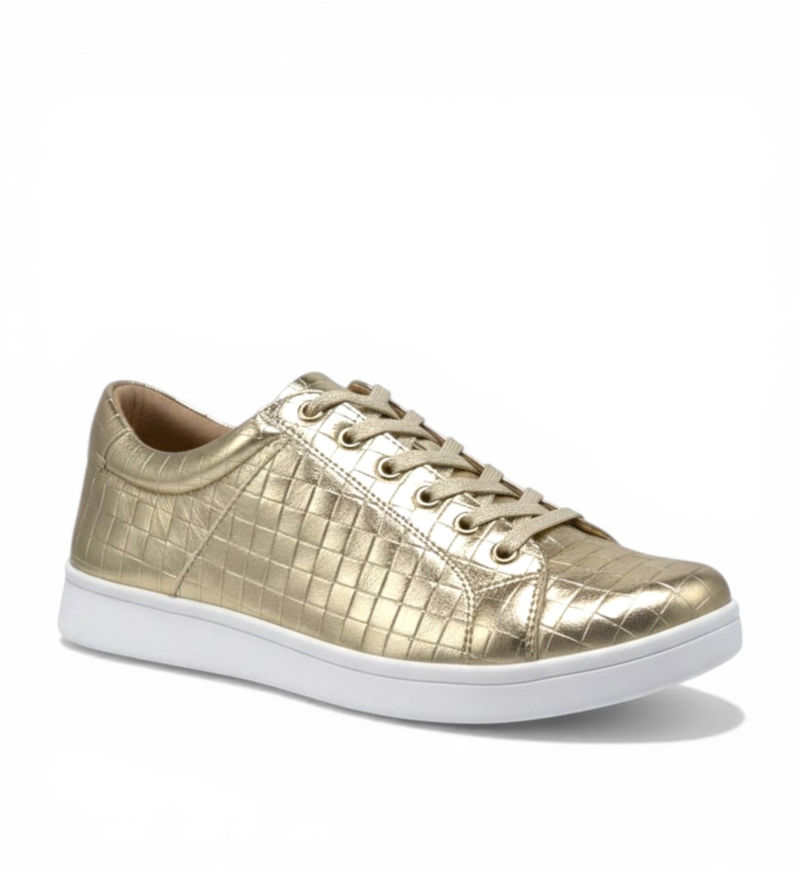 House of Florian Delilah XF pale gold leather sneakers with a quilted texture and white sole.