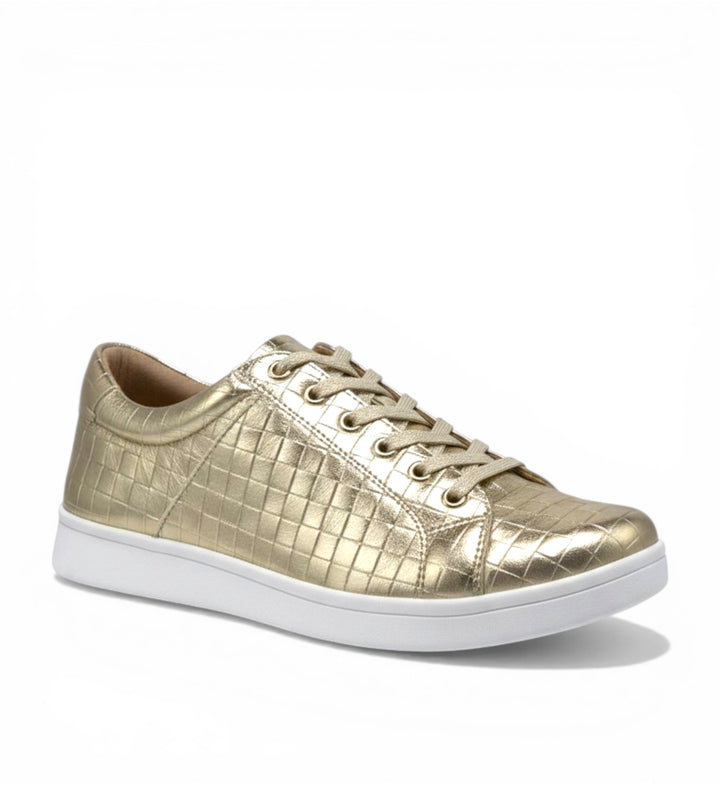 House of Florian Delilah XF pale gold leather sneakers with a quilted texture and white sole.
