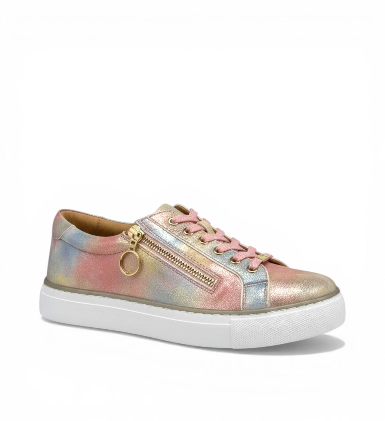 House of Florian Pamela XF Gold Pink sneakers with tie-dye effect, side zipper, and gold ring detail.