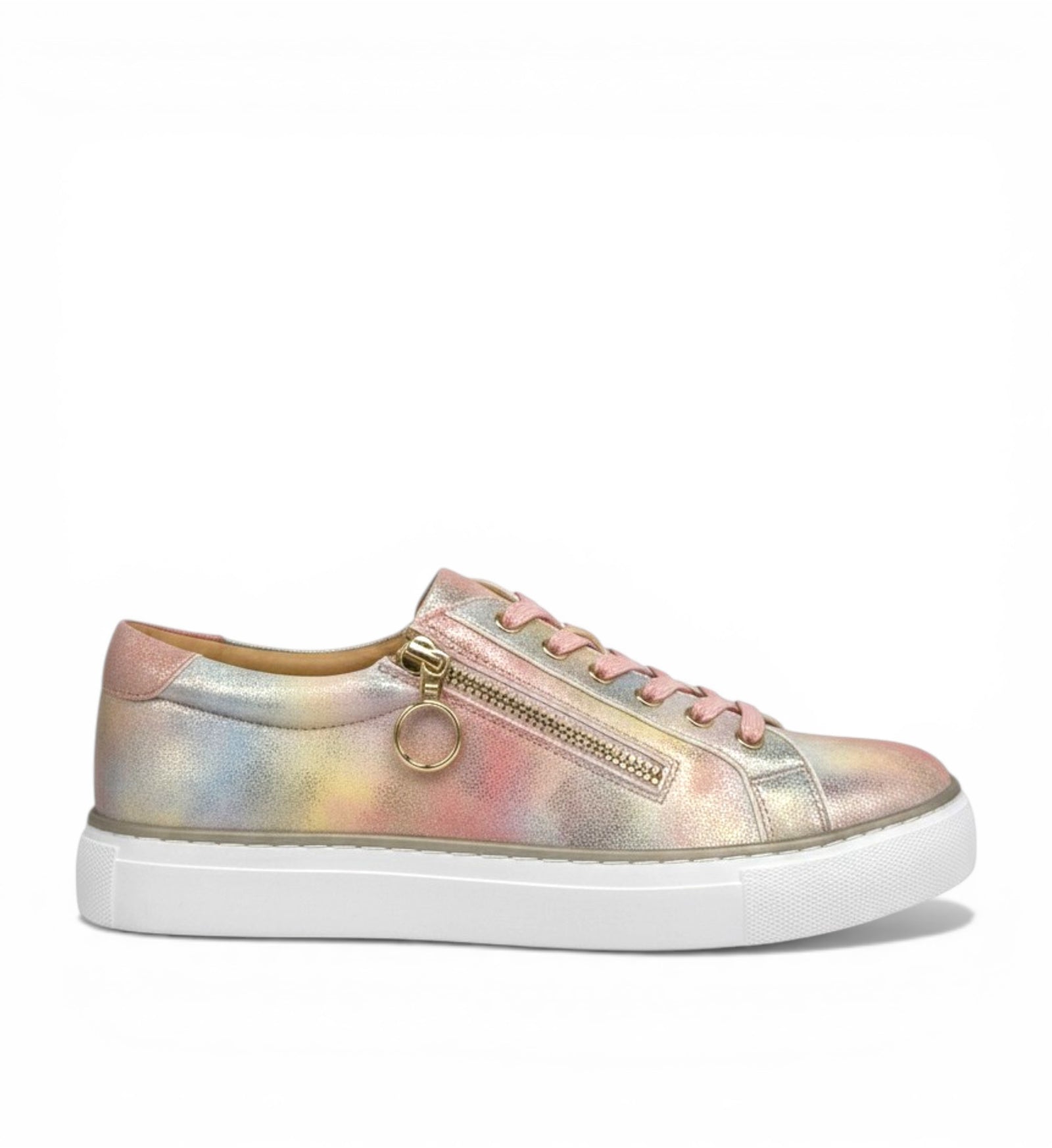 House of Florian Pamela XF Gold Pink sneakers with a tie-dye effect in pink, gold, and blue. Features side zip and pink laces.