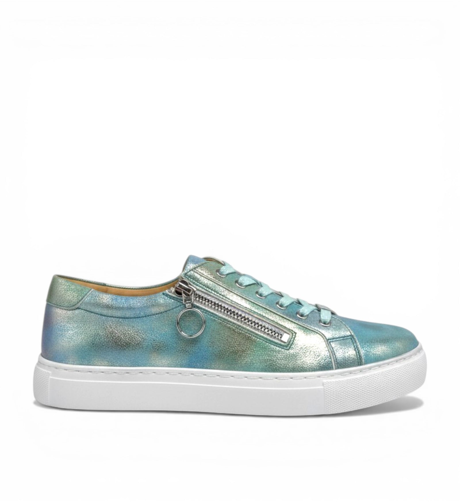 House of Florian Pamela XF silver blue metallic leather sneakers with side zip detail and white sole.