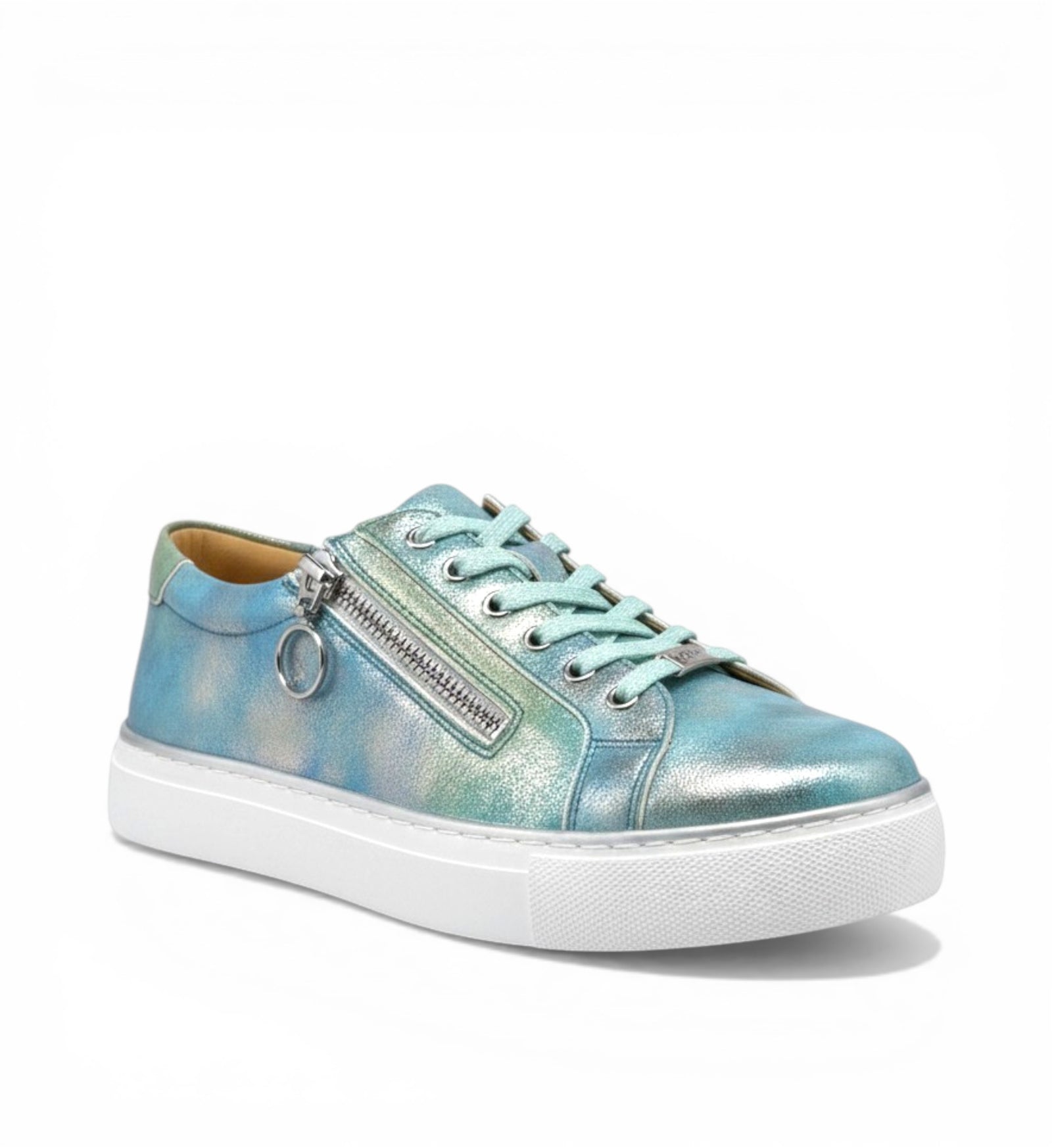 House of Florian Pamela XF silver blue metallic leather sneakers with side zipper and white sole.