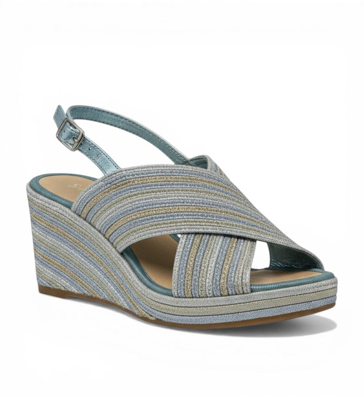 House of Florian Patrizio Blue wedge sandals with criss-cross straps and adjustable ankle strap. Striped textile upper.