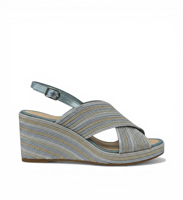 House of Florian Patrizio Blue wedge sandals with criss-cross straps and adjustable ankle strap, featuring a striped glitter fabric.