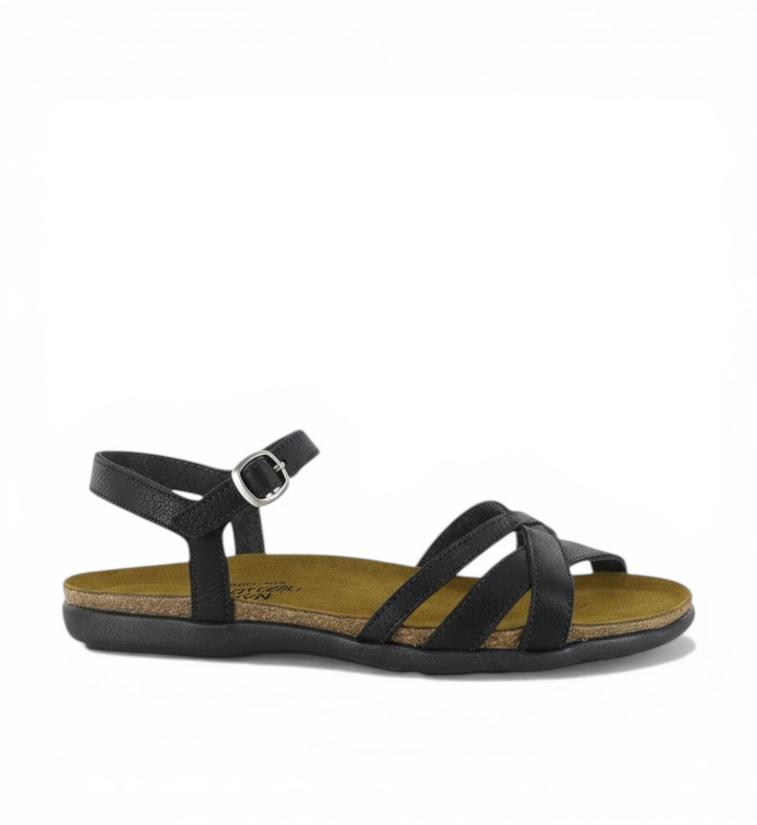 House of Florian black leather strappy sandal with adjustable ankle strap and cork footbed.