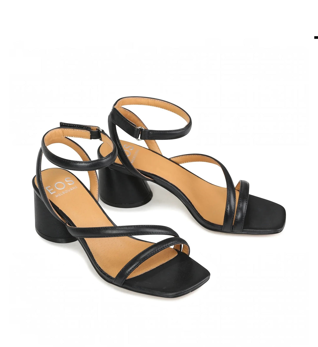 House of Florian Petricia black leather block heel sandals with an ankle strap and square toe design.