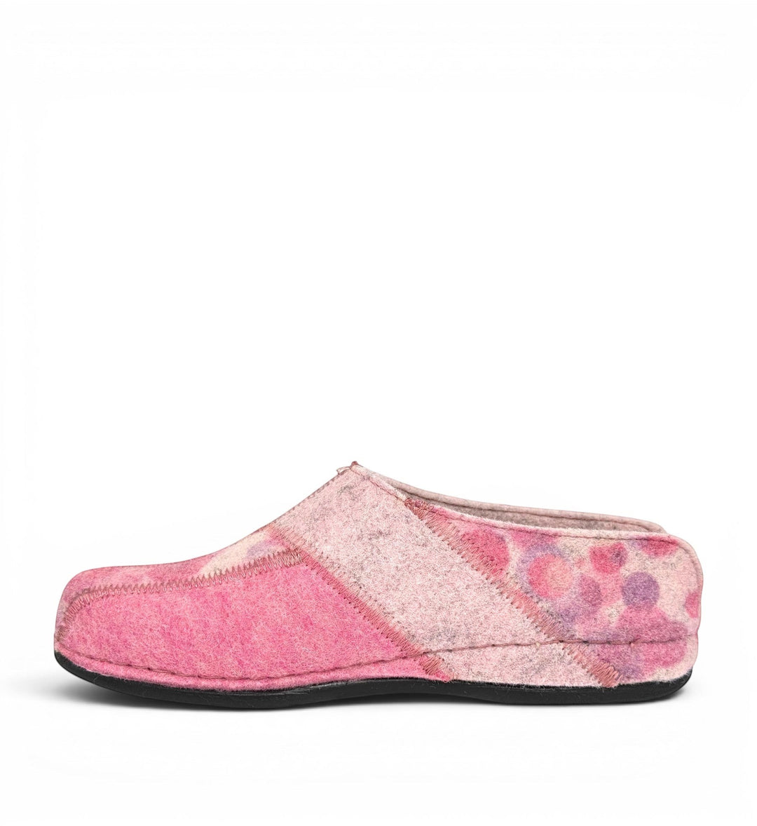 House of Florian Hilda pink felt slippers with a bubble pattern and stitched detailing on a white background