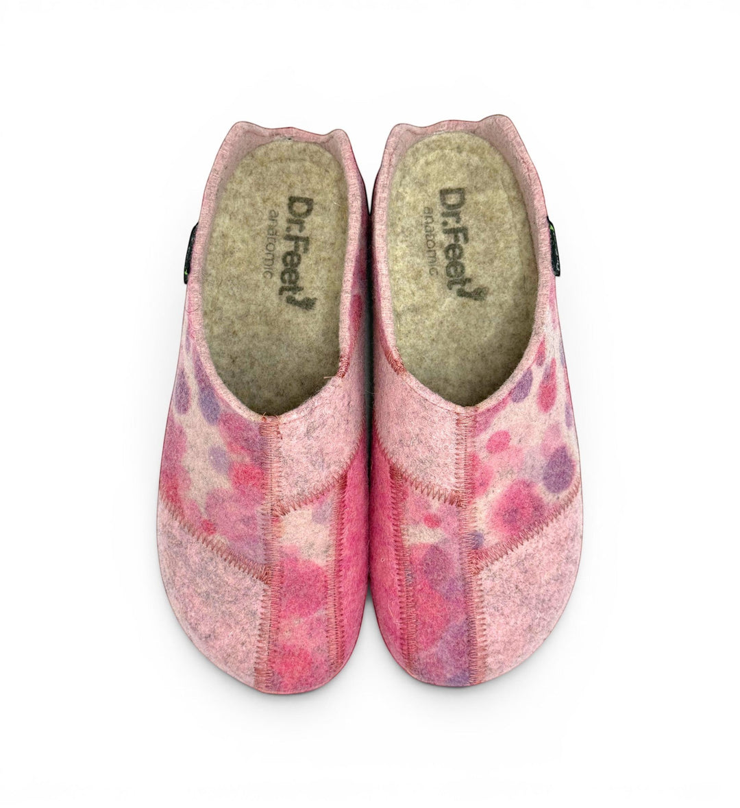 House of Florian Hilda Pink Bubble felt slippers with a pink and purple polka dot pattern and anatomical footbed