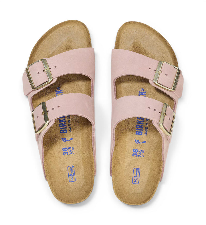 House of Florian Arizona Soft Footbed sandals in soft pink nubuck leather with adjustable gold buckles and cork sole.