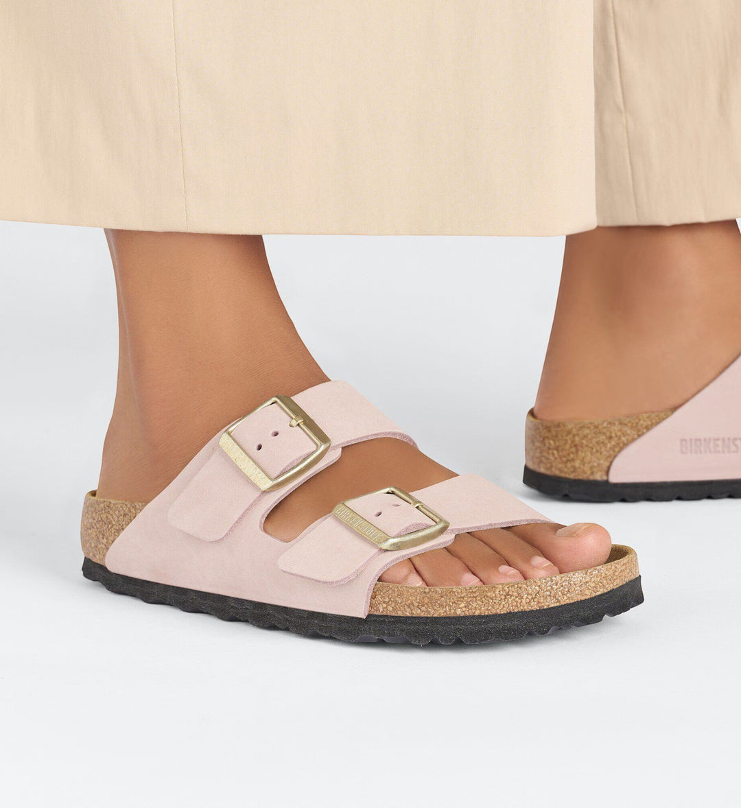 House of Florian Arizona soft footbed sandals in soft pink nubuck leather with gold buckles.