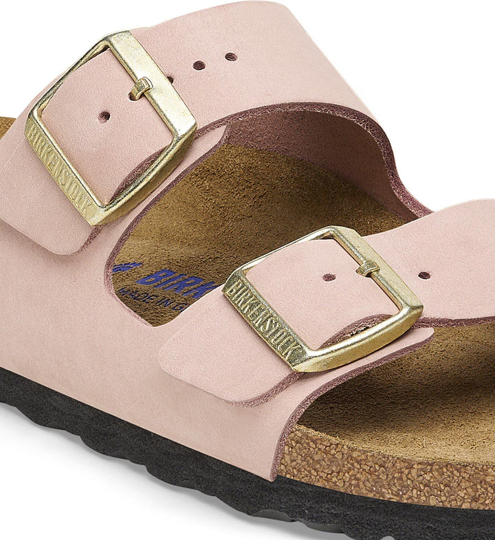 House of Florian Arizona soft pink nubuck leather sandals with adjustable gold buckles and cork footbed.