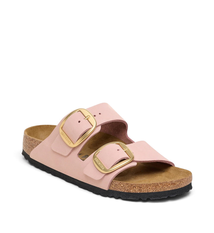 House of Florian Arizona soft pink nubuck leather sandals with large gold buckles and contoured cork footbed