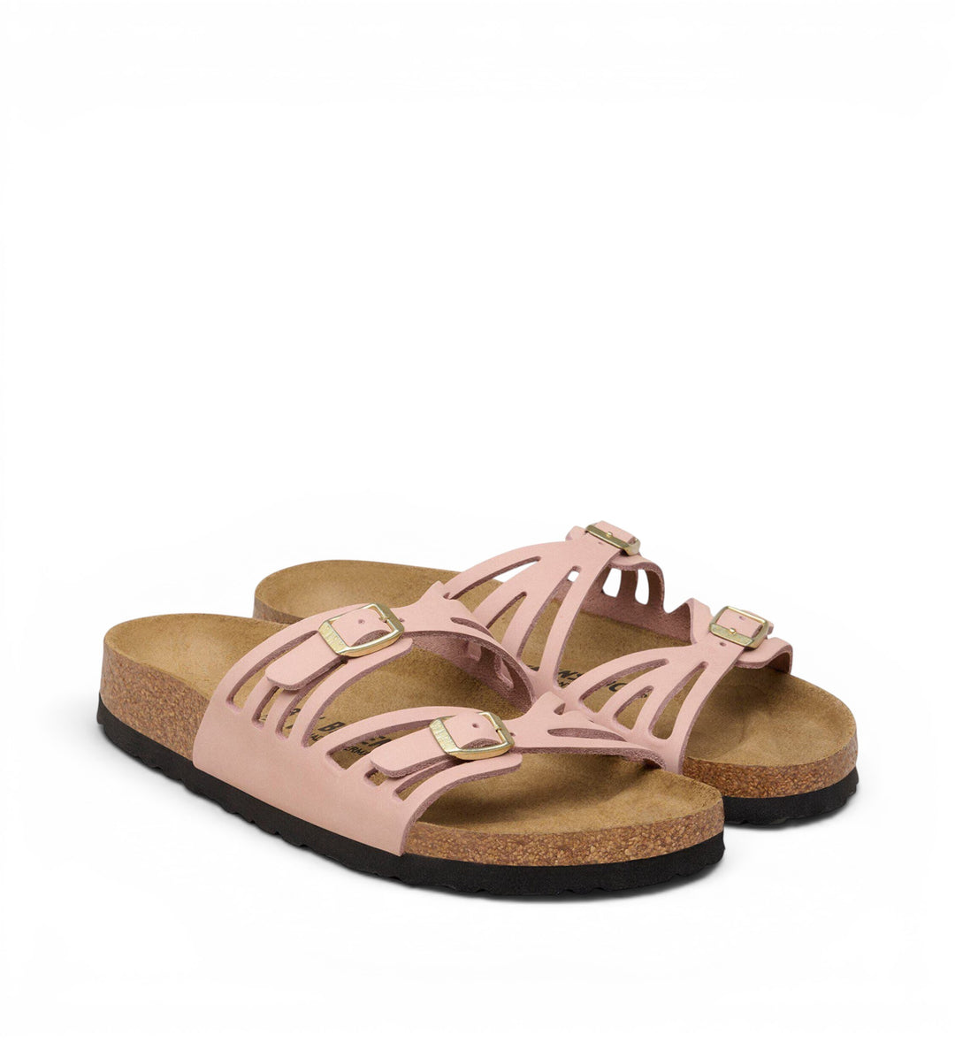 House of Florian Granada soft pink nubuck leather slide sandals with adjustable gold buckles and cutout straps.