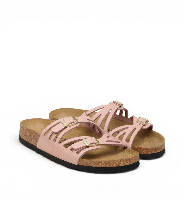 House of Florian Granada soft pink nubuck leather slide sandals with adjustable gold buckles and cutout straps.
