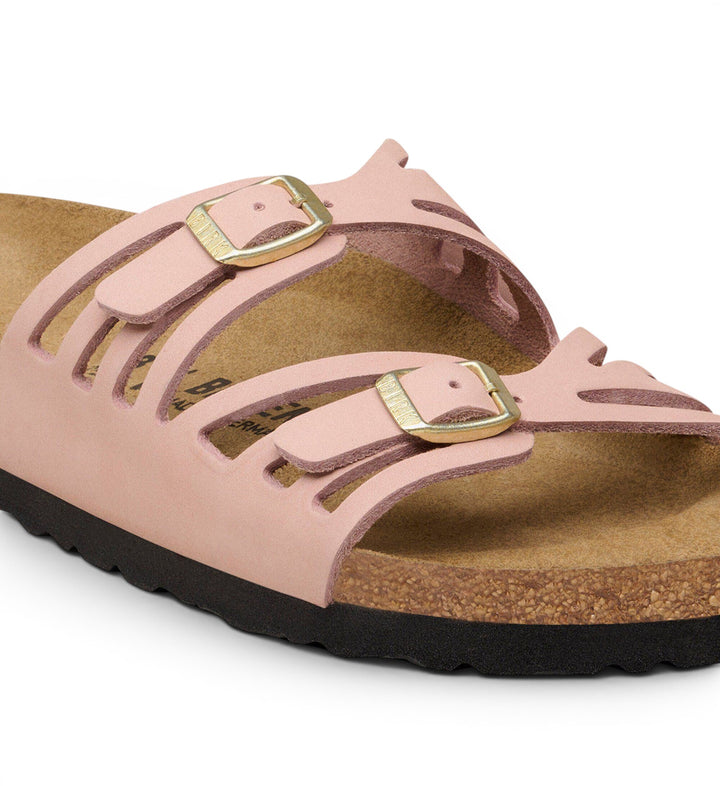 House of Florian Granada soft pink nubuck leather sandals with gold buckles and cork footbed.