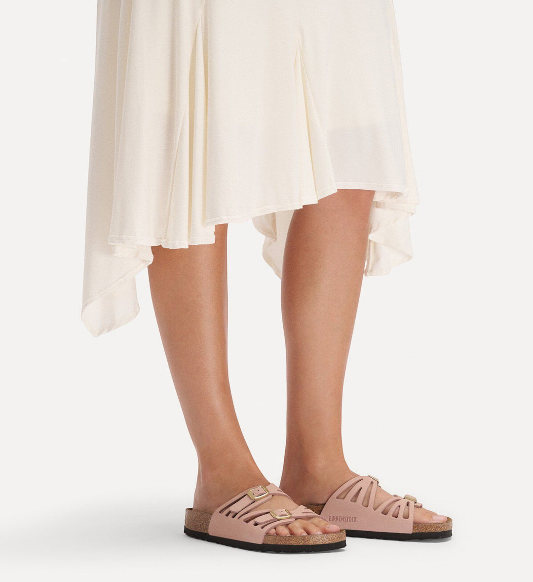 House of Florian Granada nubuck leather soft pink sandals with double buckle straps and cut-out details.