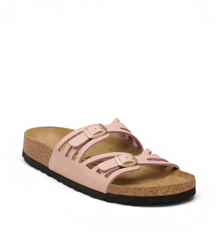 House of Florian Granada soft pink nubuck leather sandals with two adjustable gold buckles and cork footbed.
