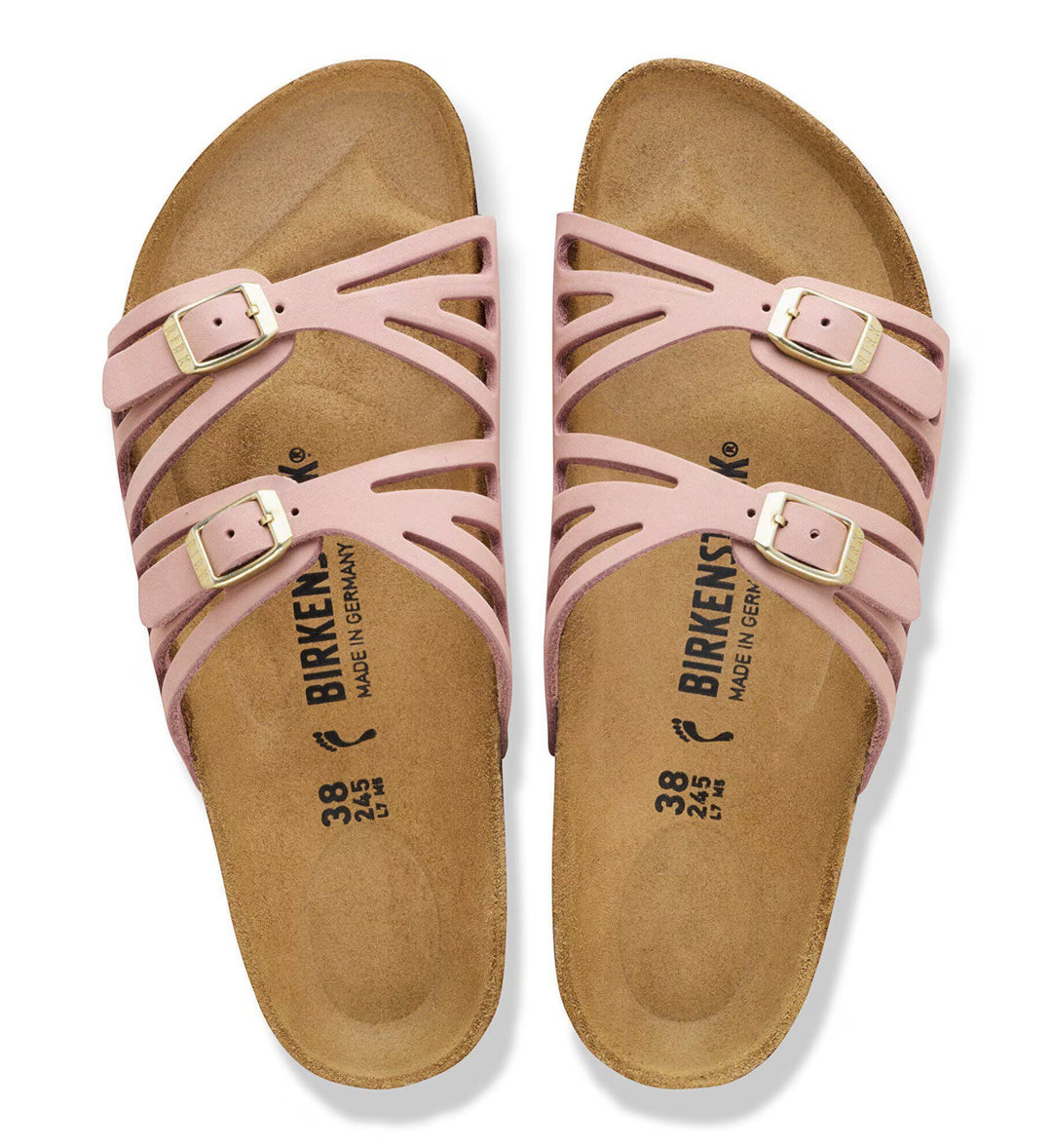 House of Florian Granada nubuck leather soft pink sandals with crisscross straps and gold buckles.