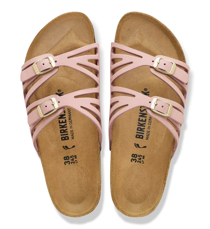 House of Florian Granada nubuck leather soft pink sandals with crisscross straps and gold buckles.