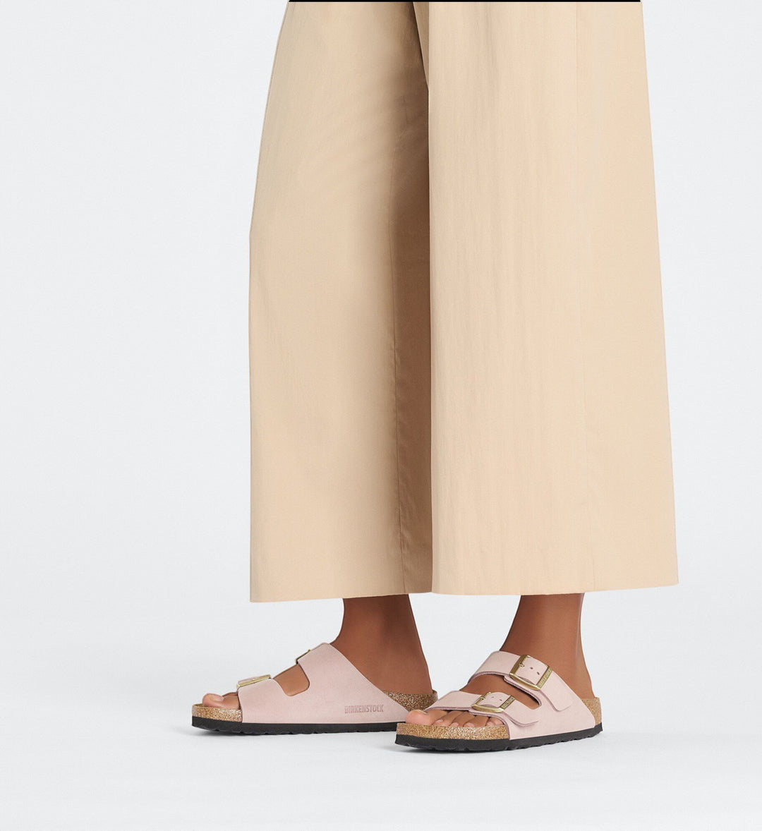 House of Florian Arizona soft pink nubuck leather sandals with two adjustable buckles and cork footbed.