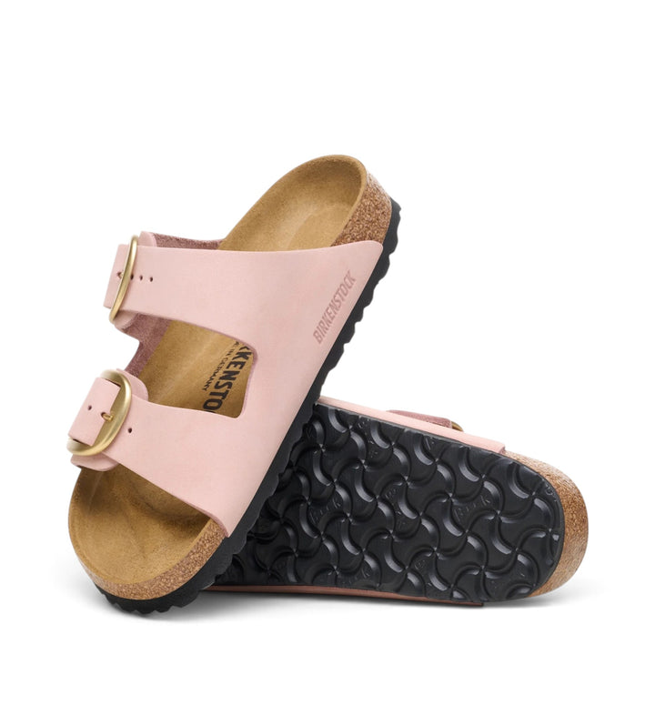 House of Florian Arizona Big Buckle sandals in soft pink nubuck leather with gold buckles and cork footbed