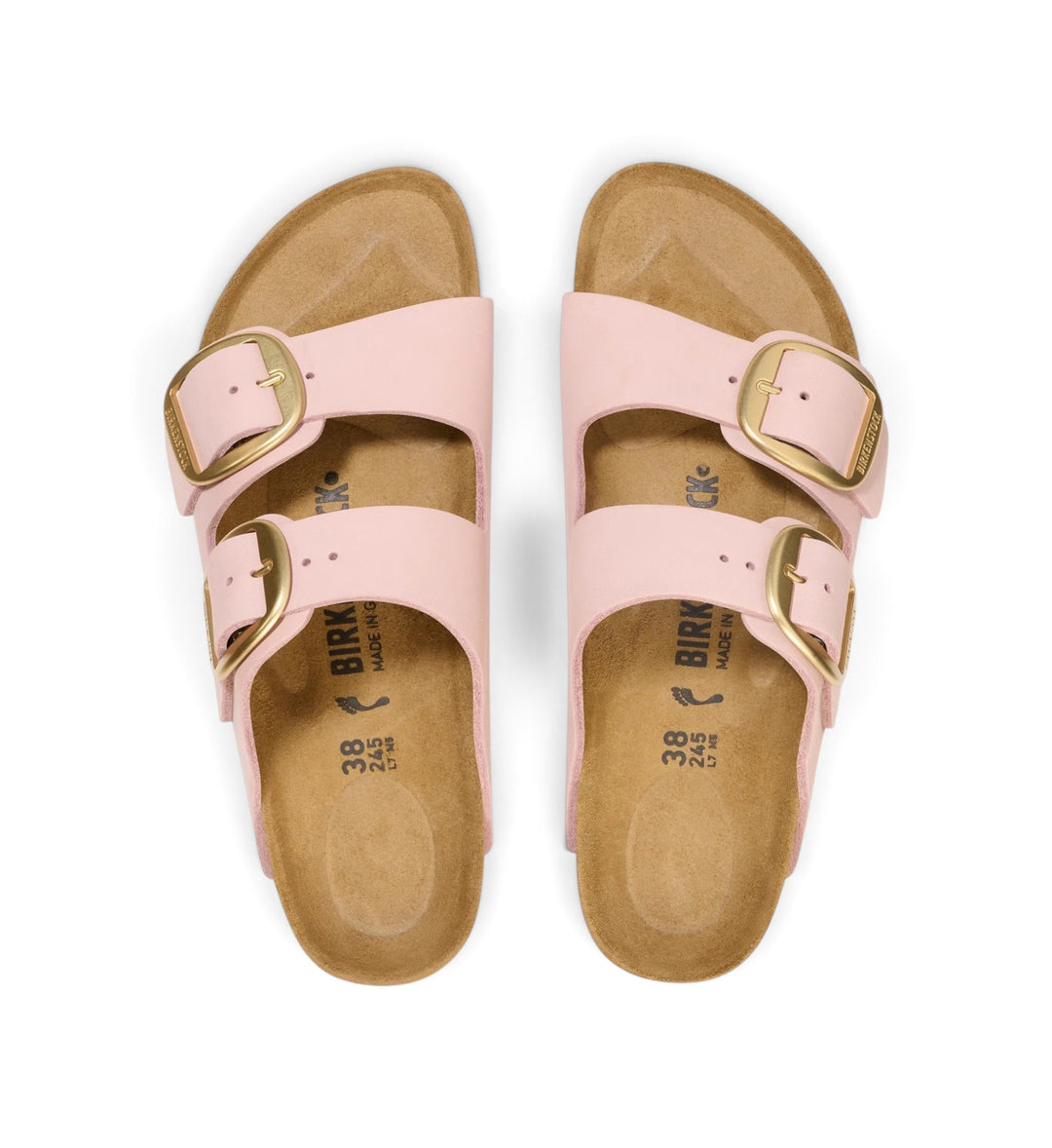 House of Florian Arizona Big Buckle sandals in soft pink nubuck leather with large gold buckles and cork footbed