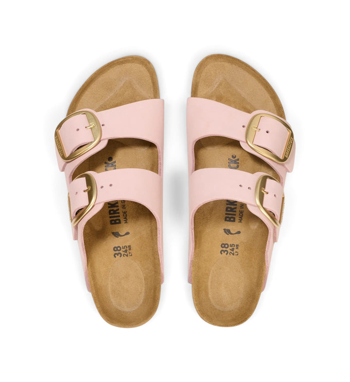 House of Florian Arizona Big Buckle sandals in soft pink nubuck leather with large gold buckles and cork footbed