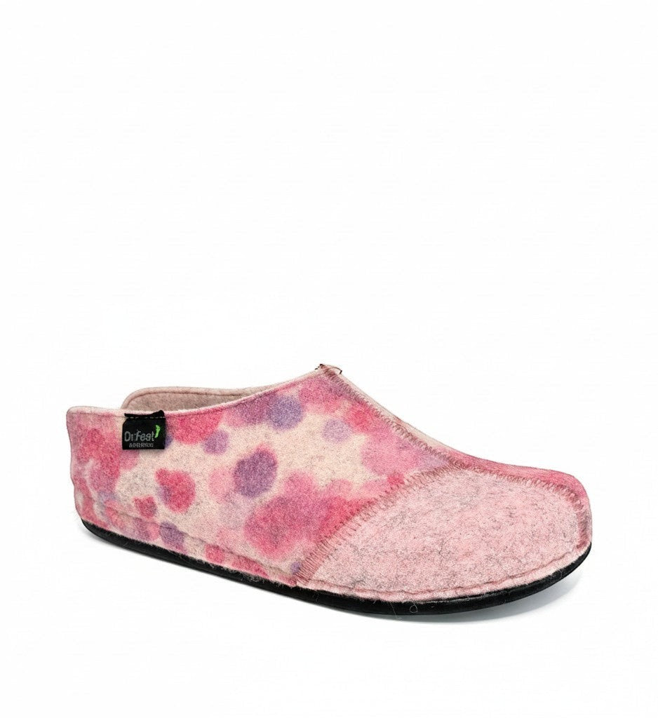 House of Florian Hilda Pink Bubble felt slippers with a pink and purple spotted pattern and black rubber sole