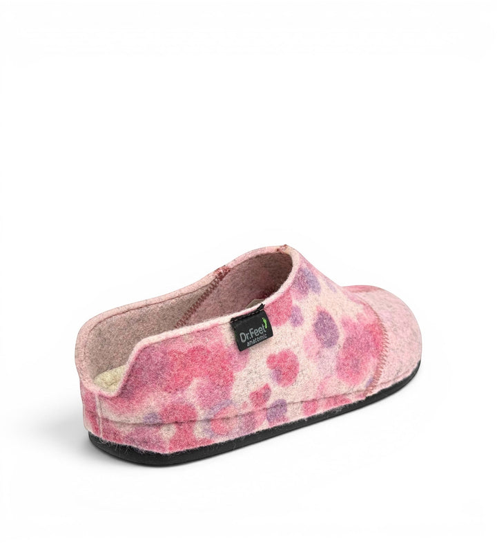 House of Florian Hilda Pink Bubble felt slippers with a pink and purple spotted pattern and black rubber sole