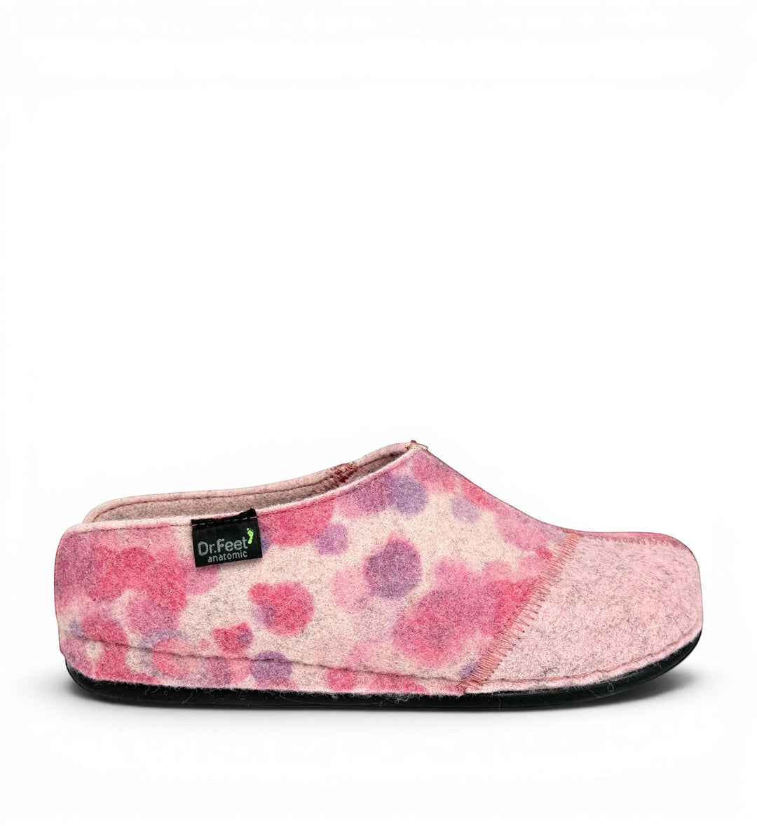House of Florian Hilda Pink Bubble felt slippers with a pink and purple spotted pattern and black rubber sole.